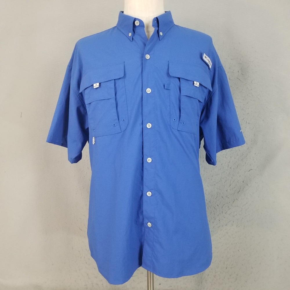 Columbia Fishing Shirt Mens L Blue PFG Bahama II Short Sleeve Vented Nylon Omni